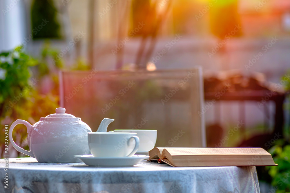 Elegant tea set, book on a lace tablecloth in sunlight. Outdoor in blur. Spring mood. Elegant tea set, book on a lace tablecloth in sunlight. Outdoor in blur. Spring mood.