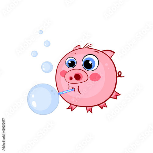Cartoon pink piggy on white background inflates soap bubbles. Funny illustration for kids design.