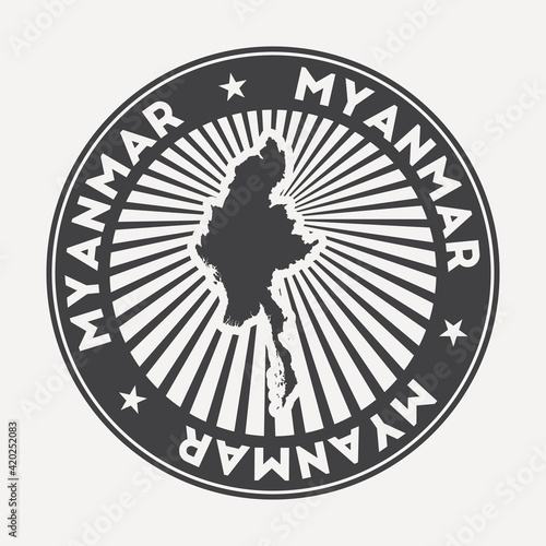Myanmar round logo. Vintage travel badge with the circular name and map of the country, vector illustration. Can be used as insignia, logotype, label, sticker, or badge of Myanmar.