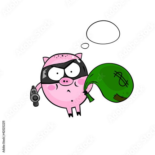 Cartoon pink pig robber with a bag of money and a gun. Cute illustration for your design.