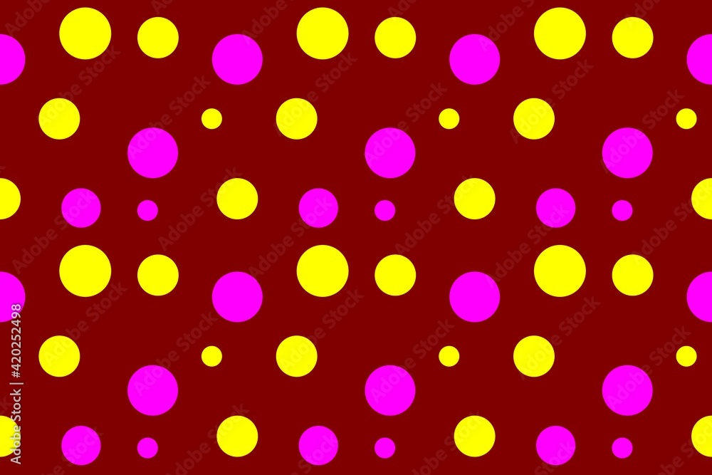 Yellow and pink circles of different sizes on a dark red background. Texture for textiles and paper Yellow and pink circles of different sizes on a dark red background. Texture for textiles and paper