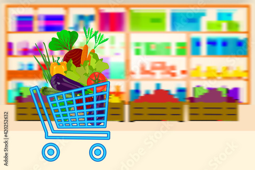 Shopping cart full of vegetables on supermarket shelves background. Food store, mall interior inside. Farming fresh food online store. Ecommerce banner with shop trolley and goods. Vector illustration