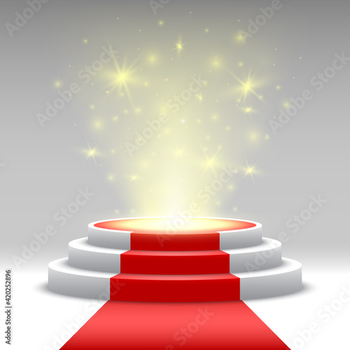 Round podium with red carpet and lights. Pedestal. Stage. Vector illustration.