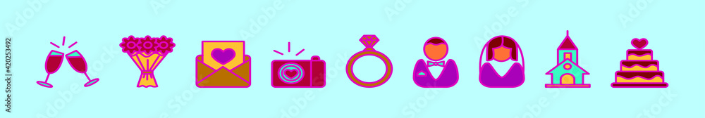 set of wedding cartoon icon design template with various models. vector illustration isolated on blue background set of wedding cartoon icon design template with various models. vector illustration isolated on blue background