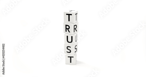 Trust concept. 3d cubes tower with word trust isolated on white color background. 3d illustration.