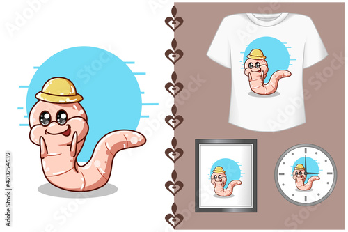 Mockup cute worm cartoon illustration