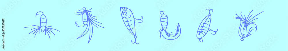 set of fishing hook cartoon icon design template with various models. vector illustration isolated on blue background set of fishing hook cartoon icon design template with various models. vector illustration isolated on blue background