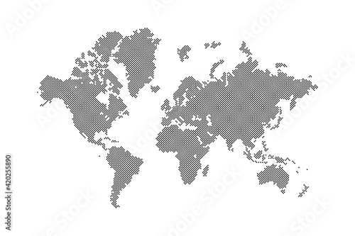 dotted blank world global map continents and oceans silhouette in black color with small round spots and circle dots, stock vector illustration clip-art, design element isolated on white background
