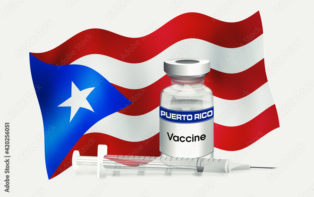 Illustration of Puerto Rico flag with vaccine vial and Syringe. Serie
