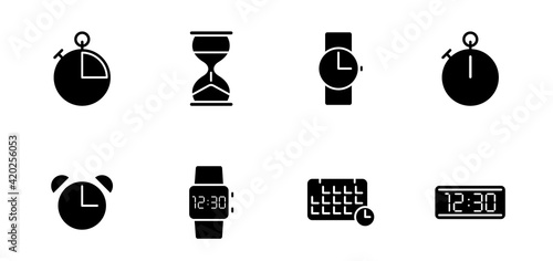 time and clock silhouette vector icons isolated on white. time and clock icon set for web, mobile apps, ui design and print