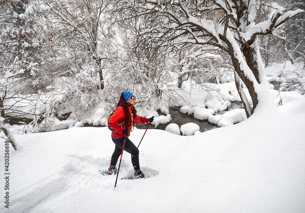 Traveler with snowshoes at snow forest in the mountains