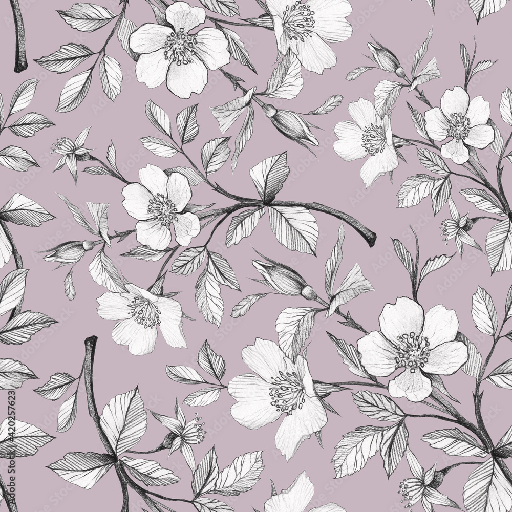 seamless floral background apple flowers, twigs drawn with a simple pencil. background for wallpaper, scrapbooking, wedding invitations and textiles