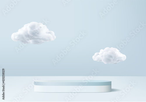 3d display product abstract minimal scene with cloud podium platform. cylinder background vector 3d rendering with podium. stand for cosmetic products. Stage showcase on pedestal 3d blue studio