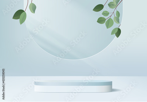 3d background products display podium scene with green leaf geometric platform. background vector 3d render with podium. stand to show cosmetic products. Stage showcase on pedestal display blue studio