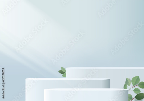 3d background products display podium scene with green leaf geometric platform. background vector 3d render with podium. stand to show cosmetic products. Stage showcase on pedestal display blue studio
