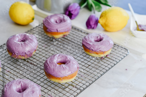 Colorful dessert purple donuts Spring Easter