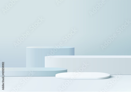 3d display product abstract minimal scene with geometric podium platform. cylinder background vector 3d rendering with podium. stand for cosmetic products. Stage showcase on pedestal 3d blue studio