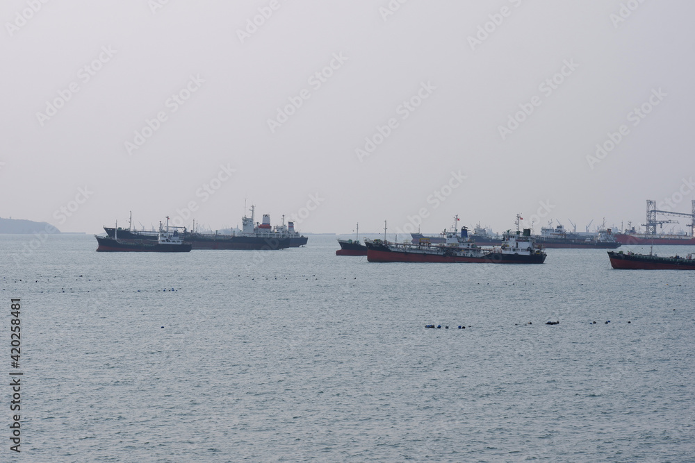 The bulk of the cargo ships at sea await their disembarkation.