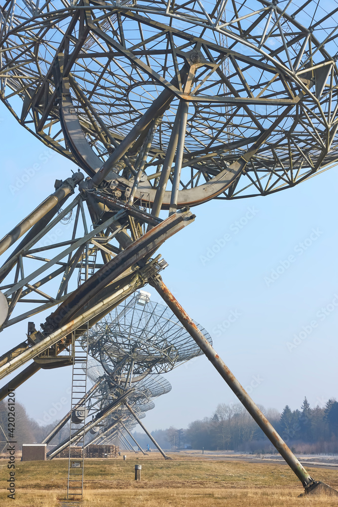 Westerbork Synthesis Radio Telescopes built on the site of the former World War 2 nazi detention and transit camp Westerbork. Vertical image.