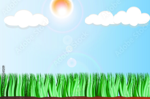 Sky with clouds, shining sun and grasslands.