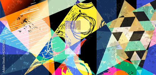 abstract geometric background pattern, with triangles, stripes, circles, paint strokes and splashes
