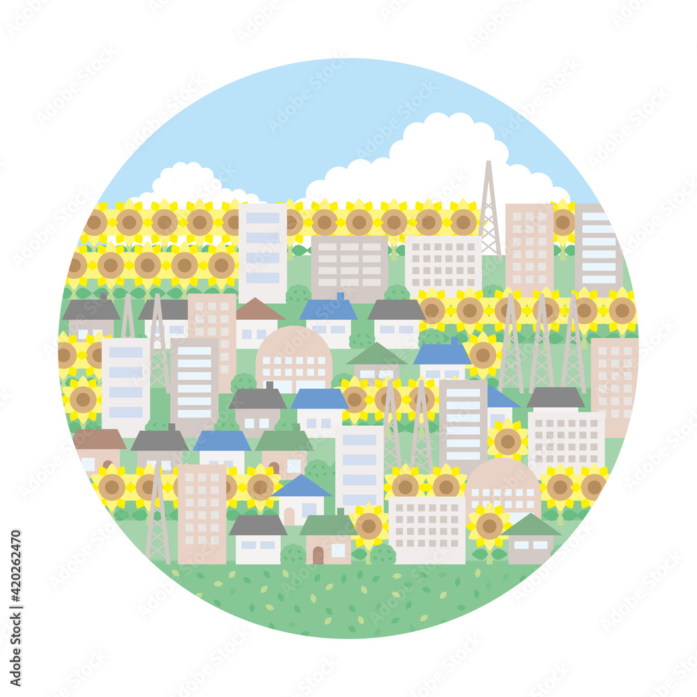 円形の中にあるシンプルな夏の街並みのイラスト 賑やかなバージョン 円形の中にあるシンプルな夏の街並みのイラスト 賑やかなバージョン