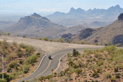 Sitgreaves Pass, Arizona, Old Route 66 near Oatman. car and bike