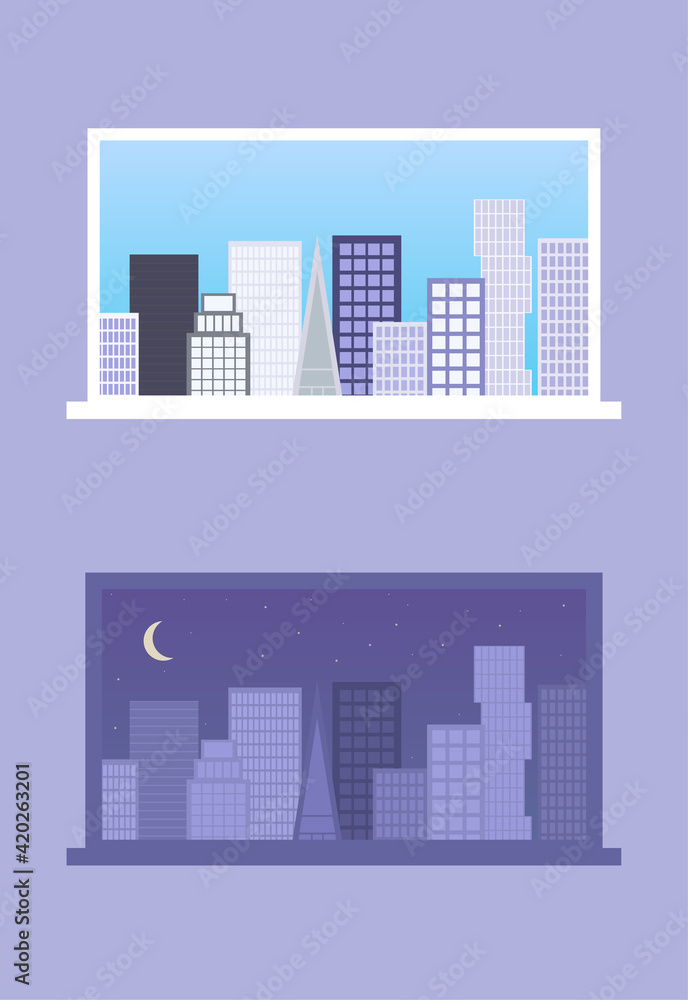 Window with night view of the city. View from the window to the skyscrapers. Vector illustration with isolated elements