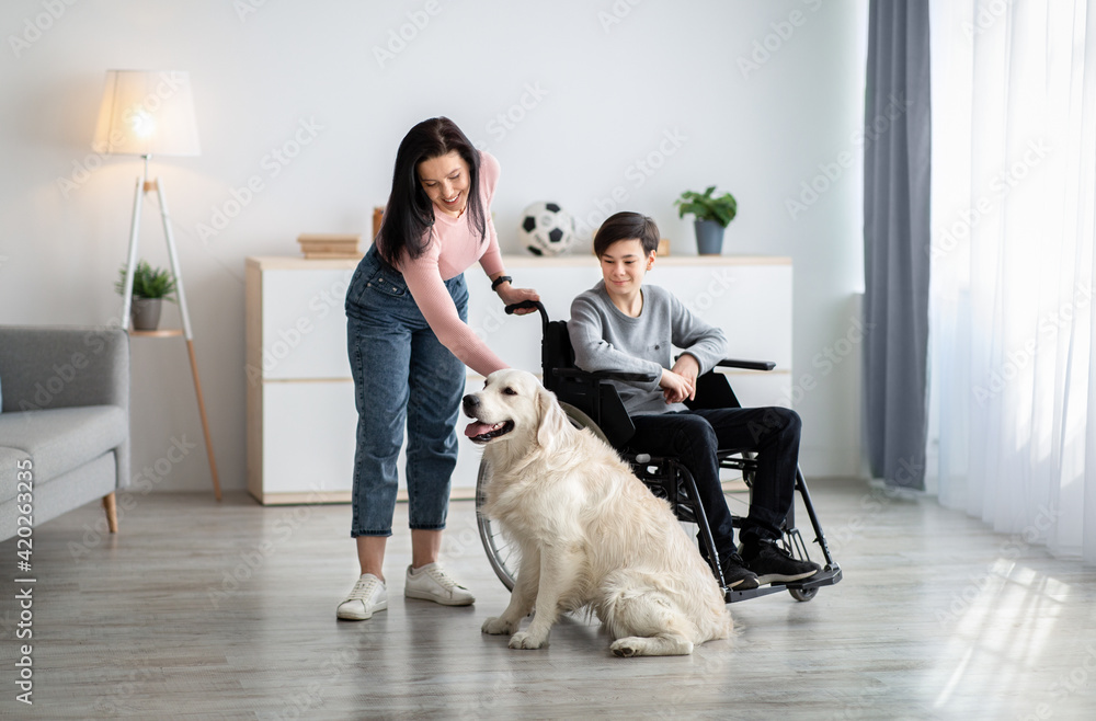 Young mother and her handicapped son in wheelchair playing with their dog at home Young mother and her handicapped son in wheelchair playing with their dog at home