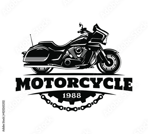 Motorcycle label in vintage design with gear illustration