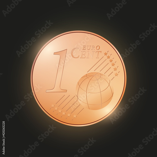 1 eurocent coin. Shining copper coin. EUR currency. Vector illustration isolated on black background
