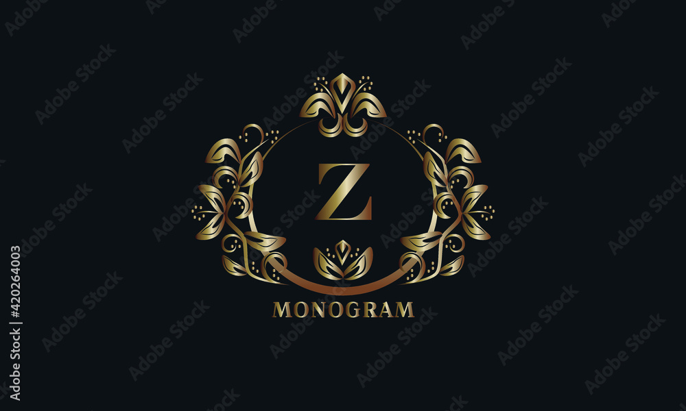 Exquisite bronze monogram on a dark background with the letter Z. Stylish logo is identical for a restaurant, hotel, heraldry, jewelry, labels, invitations. Exquisite bronze monogram on a dark background with the letter Z. Stylish logo is identical for a restaurant, hotel, heraldry, jewelry, labels, invitations.