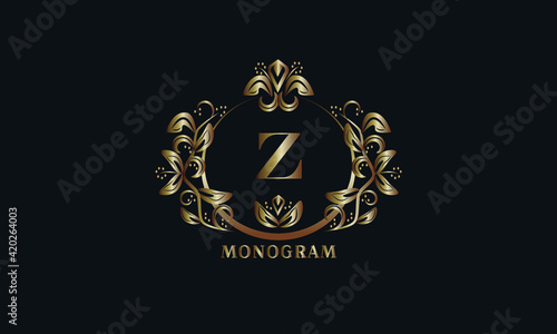 Exquisite bronze monogram on a dark background with the letter Z. Stylish logo is identical for a restaurant, hotel, heraldry, jewelry, labels, invitations.