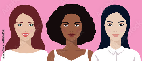 Diverse  portraits of women of different nationalities.  Vector flat illustration.