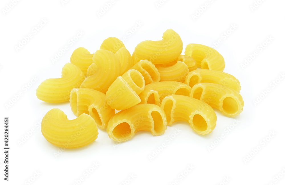 Pile of raw elbow Macaroni (Gomiti Pasta) Isolated on white background, Cut out with clipping path