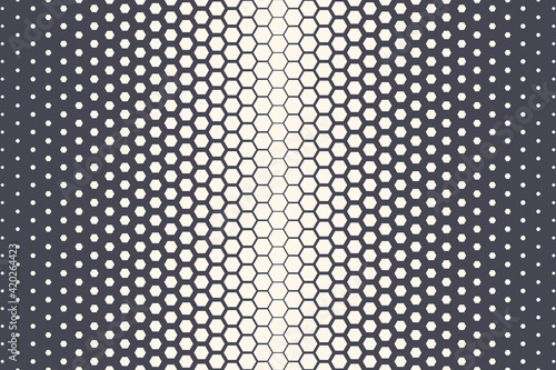 Hexagonal Halftone Texture Vector Geometric Technology Abstract Background. Half Tone Hexagon Retro Colored Pattern. Minimal 80s Style Dynamic Tech Structure Wallpaper