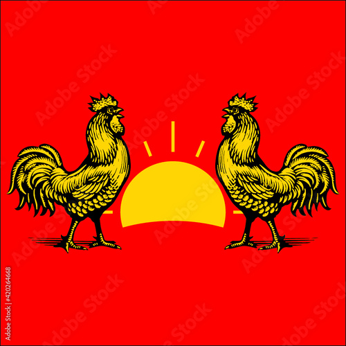 engraved line drawing roosters on linen fabrics. rooster design for textile printing, logo, wallpaper 
