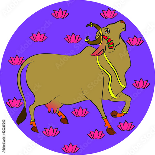 Holy cow in Kalamkari Indian traditional folk art on linen fabrics. It can be used for a coloring book, textile/ fabric prints, phone case, greeting card. logo, calendar