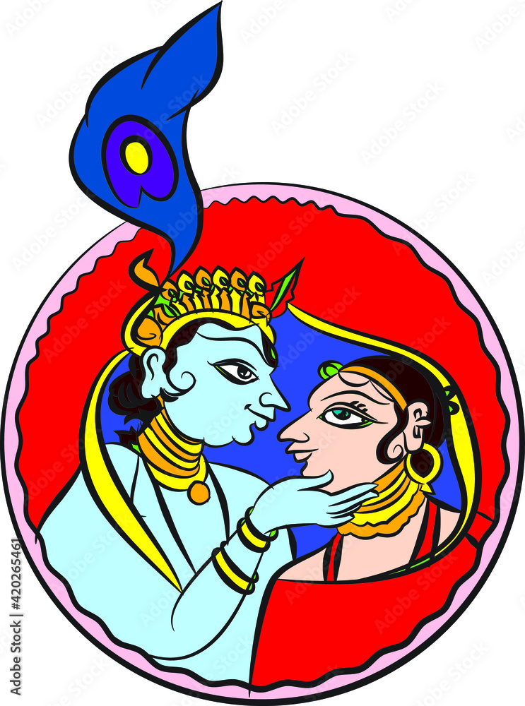 Naklejka premium Lord Krishna and Radha, Indian God of love. with his lover in Madhuni painting style on wall, Jaipur, Rajasthan