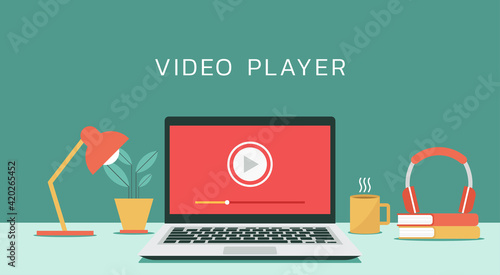 video player icon on laptop computer, concept of webinar, business online training, education or e-learning and video tutorial, vector flat design illustration