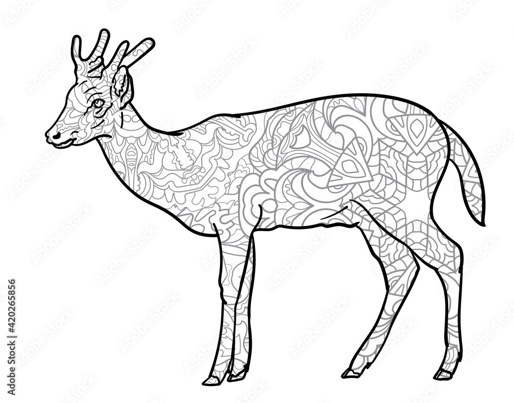 Obraz premium Deer, black silhouette drawing with pattern for coloring.