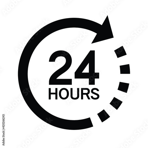 Twenty four hour with arrow loop icon, 24 hours cyclic sign, Opened order execution or delivery, All day business and service, Vector illustration