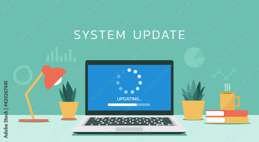 system software updating or loading process concept on laptop computer screen, vector flat design illustration system software updating or loading process concept on laptop computer screen, vector flat design illustration