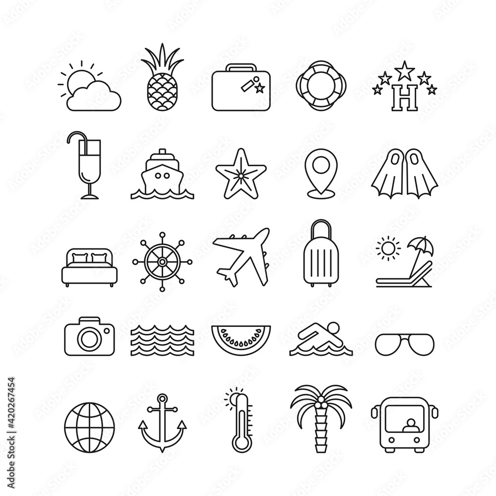 Fototapeta premium Marine flat vector icons set. Trip flat vector icons