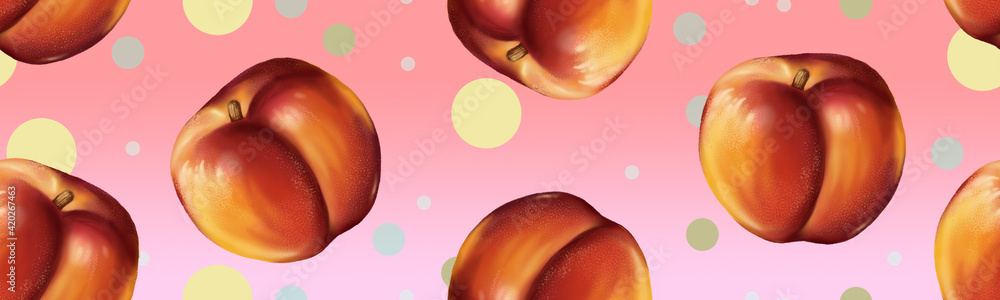 Seamless ornament with nectarines on a pink background. Illustration with fruits for printing scotch tape, textiles, paper, postcards