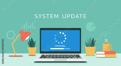 system software updating or loading process concept on laptop computer screen, vector flat design illustration