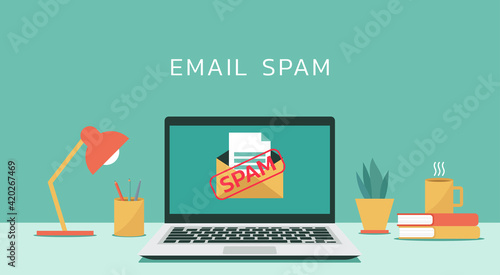 letter with email spam warning appear on laptop computer screen, concept of virus malware software, piracy hacking and security, vector flat design illustration
