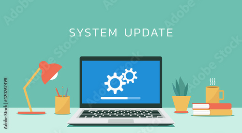 laptop computer with software system update and development concept, vector flat design illustration