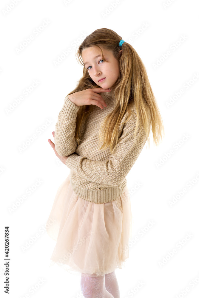 Thoughtful preteen girl. Posing against white background. Thoughtful preteen girl. Posing against white background.