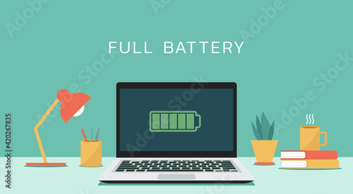 Laptop computer with full battery icon on screen concept, vector flat design illustration